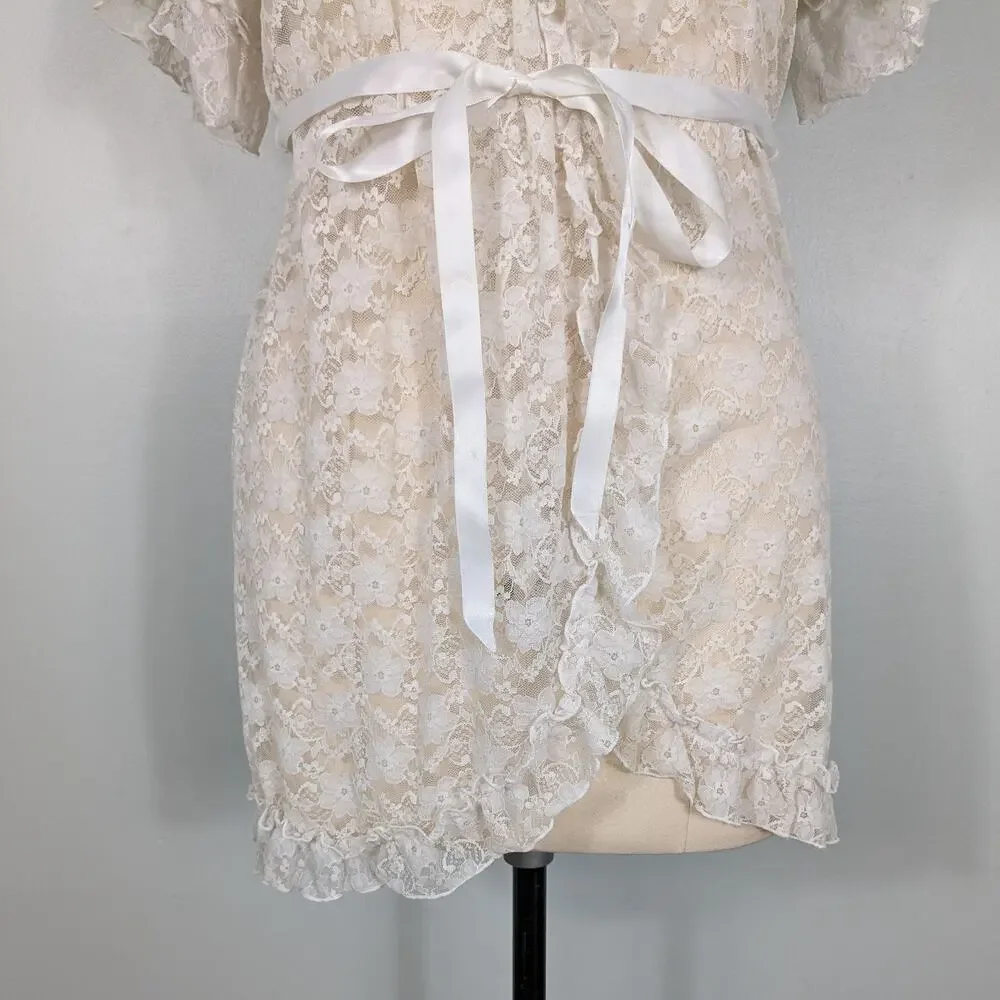 Lace Ruffle Robe Top M Cream Ivory Wrap Boho Fairy Hippie Y2K Floral Short